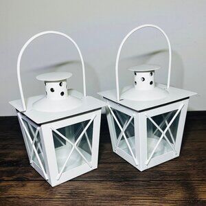 White Metal Hanging Tealight Lanterns - set of 2